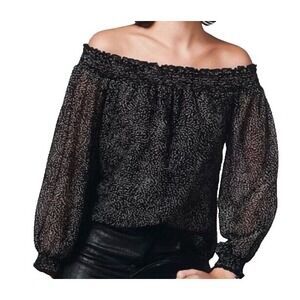 NWT WHBM Womens Smocked Off Shoulder Blouse Size Large Black Sheer Polka Dot NEW
